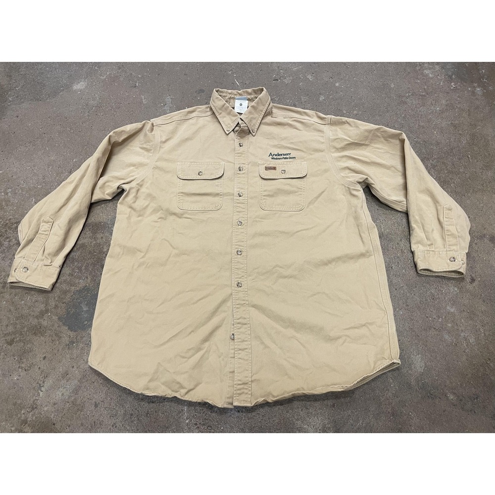 Carhartt Shirt Mens XL Beige Twill Button‎ Front Workwear Andersen Windows Logo
